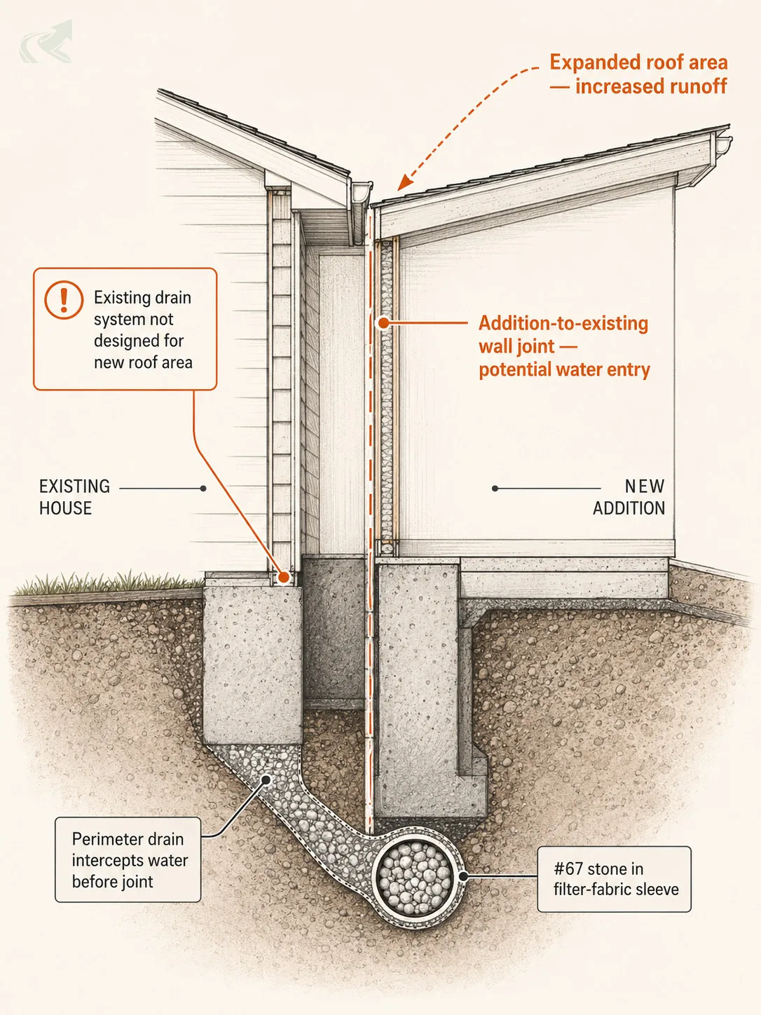 Editorial cross-section diagram of the addition-to-existing-wall joint showing a perimeter French drain (#67 stone in filter-fabric sleeve) intercepting water before it reaches the joint, with a callout for expanded roof area runoff.
