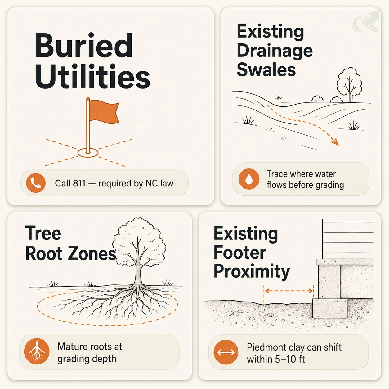 Bento-grid showing four addition-pad site constraints: buried utilities (call 811), existing drainage swales, tree root zones, and proximity to existing footings.