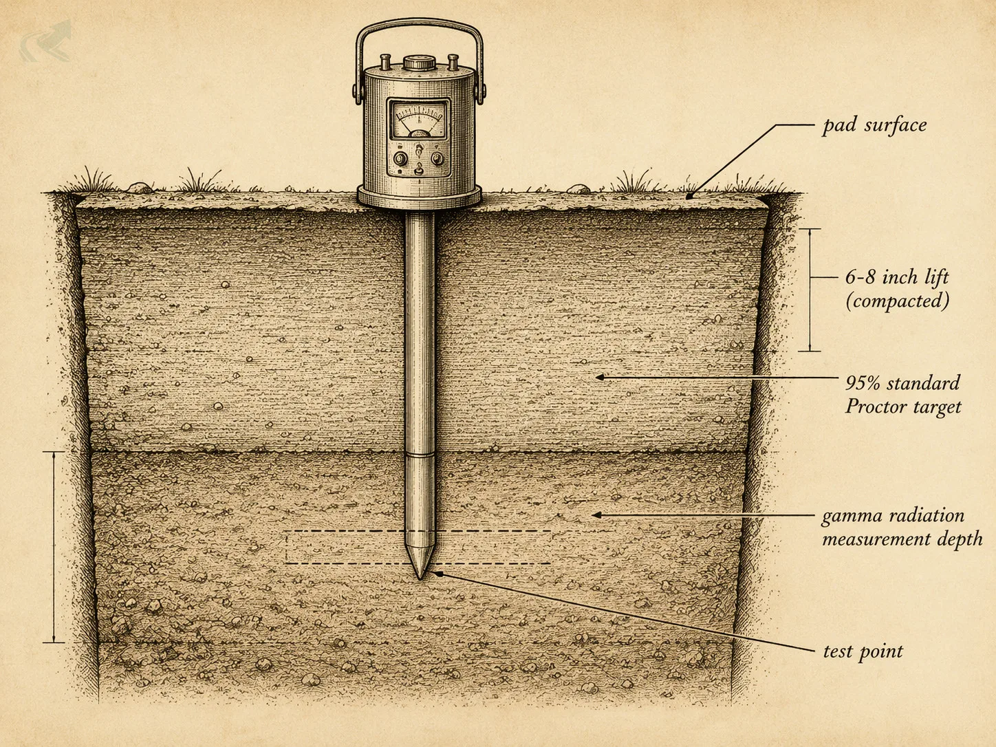 Vintage field-guide cross-section diagram showing a nuclear density gauge probe inserted into compacted clay fill lifts, with leader lines labeling test point, 6-8 inch lift depth, and 95% standard Proctor target.
