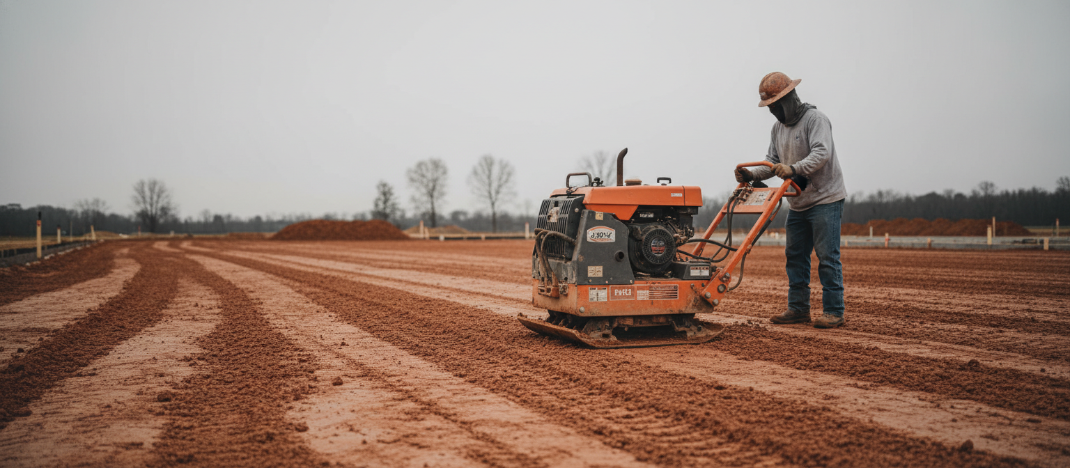 NC building pad compaction operator finishing clay fill lift.
