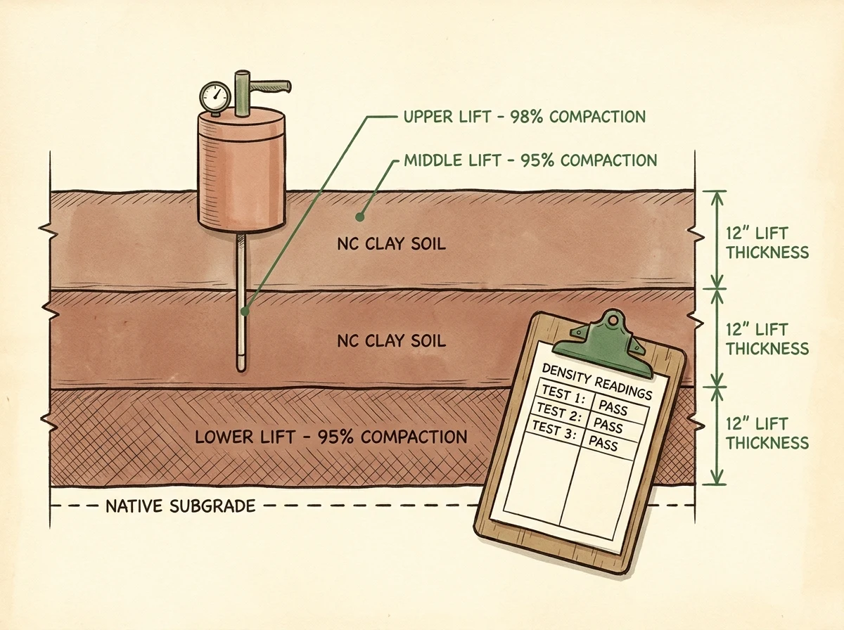 Cross-section schematic of commercial building pad fill showing three horizontal NC clay soil lift layers, each labeled with 12-inch thickness. A nuclear density gauge probe is inserted into the upper lift. An engineer's clipboard at right shows Density Readings with Test 1, 2, and 3 all marked PASS. Forest green callout lines on warm cream background.