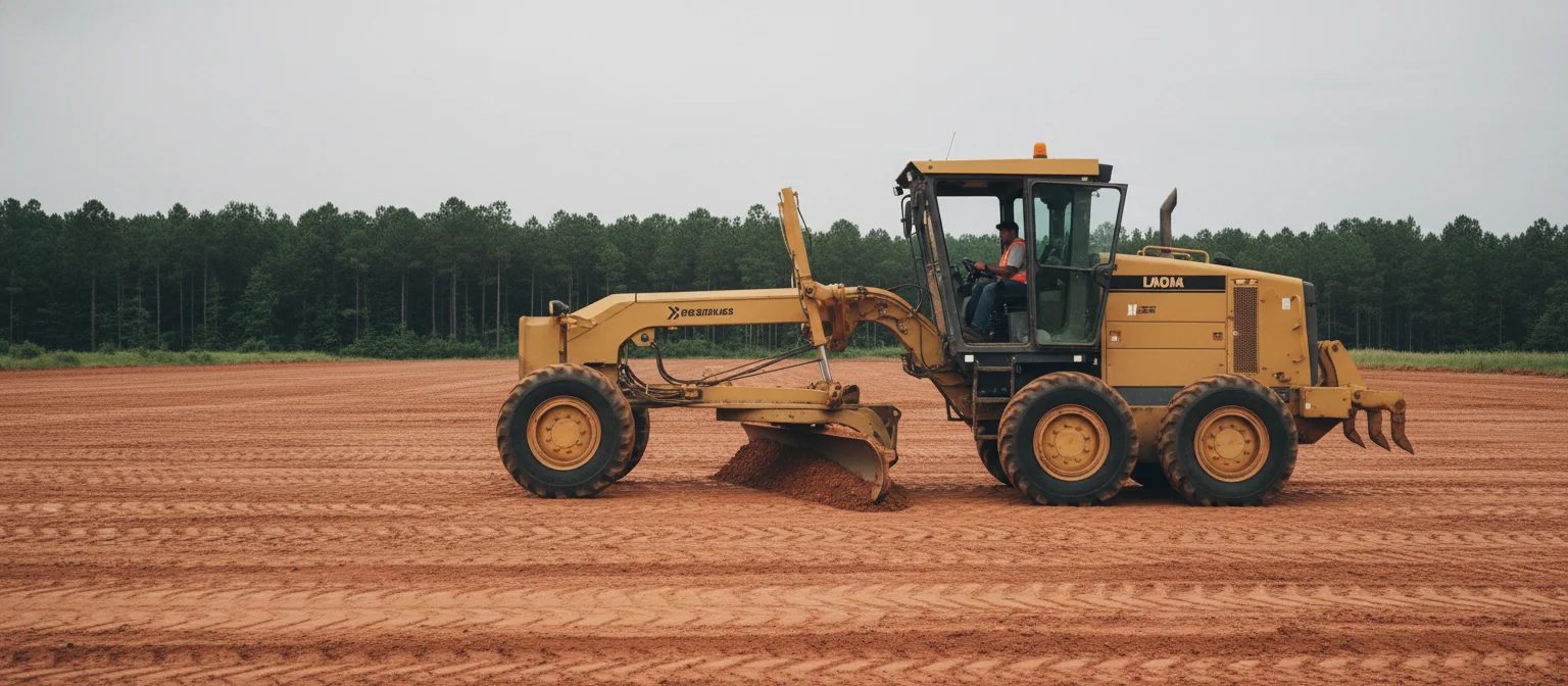 NC residential vs commercial grading motor grader shaping wide clay building pad.