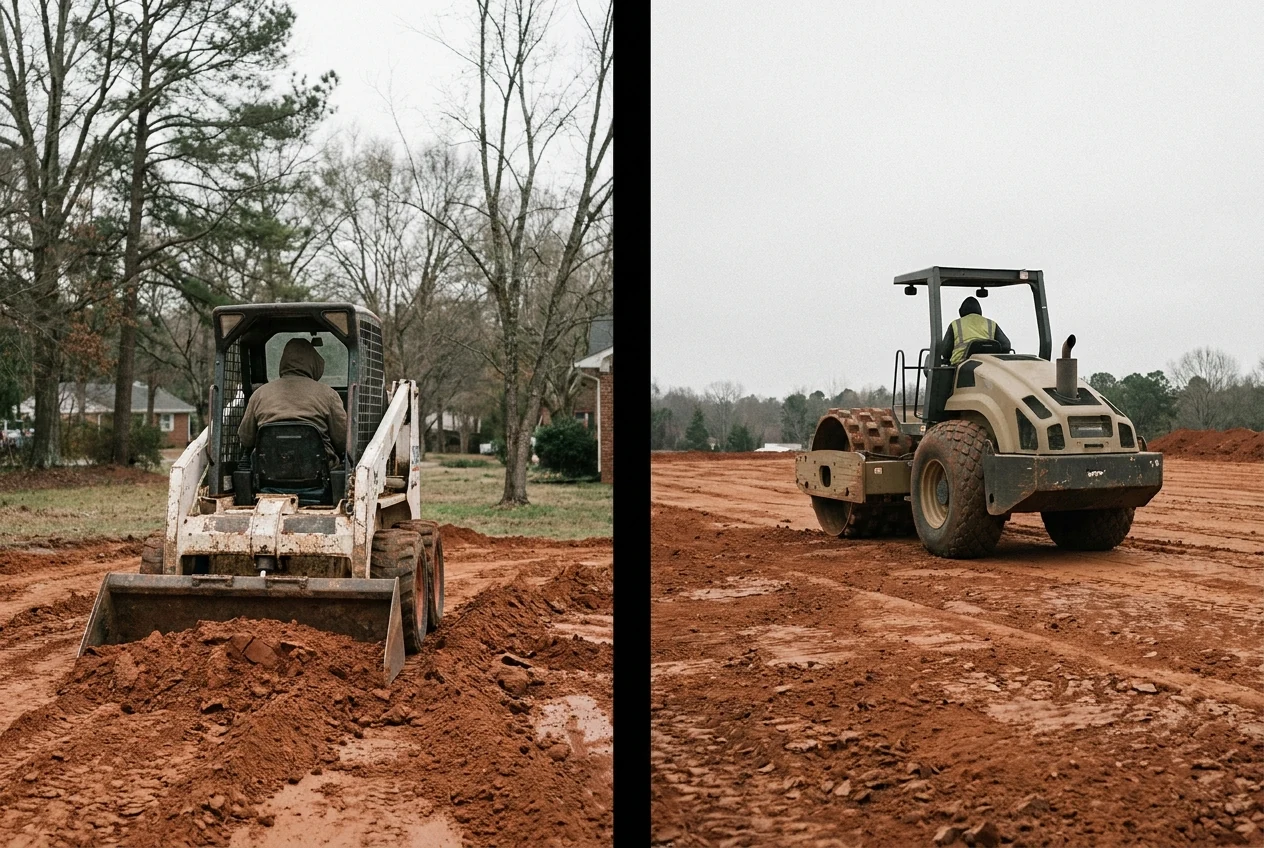 Split documentary photo: a compact skid steer grading a small residential lot on the left, a large drum compaction roller working a wide commercial pad on the right, both on North Carolina red clay.