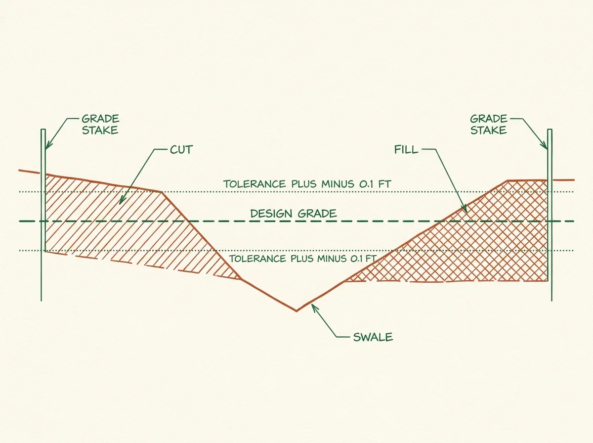 Technical cross-section diagram showing a residential lot at rough grade: cut zone on the left with diagonal terracotta hatching, fill zone on the right with cross-hatch, a V-shaped drainage swale at center, and a dashed Design Grade reference line with plus-or-minus 0.1 ft tolerance bands above and below. Grade stakes at each edge.