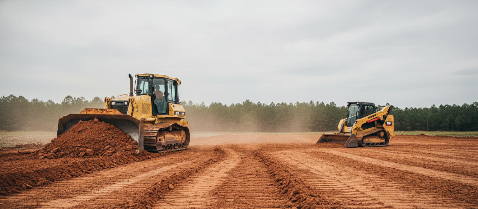 NC rough vs finish grading bulldozer and skid steer on same clay lot.