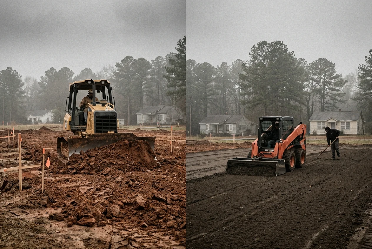 Split documentary photo: a bulldozer cutting rough uneven red clay with grade stakes on the left, a skid steer with a box blade and a worker raking a smooth seed-ready surface on the right.