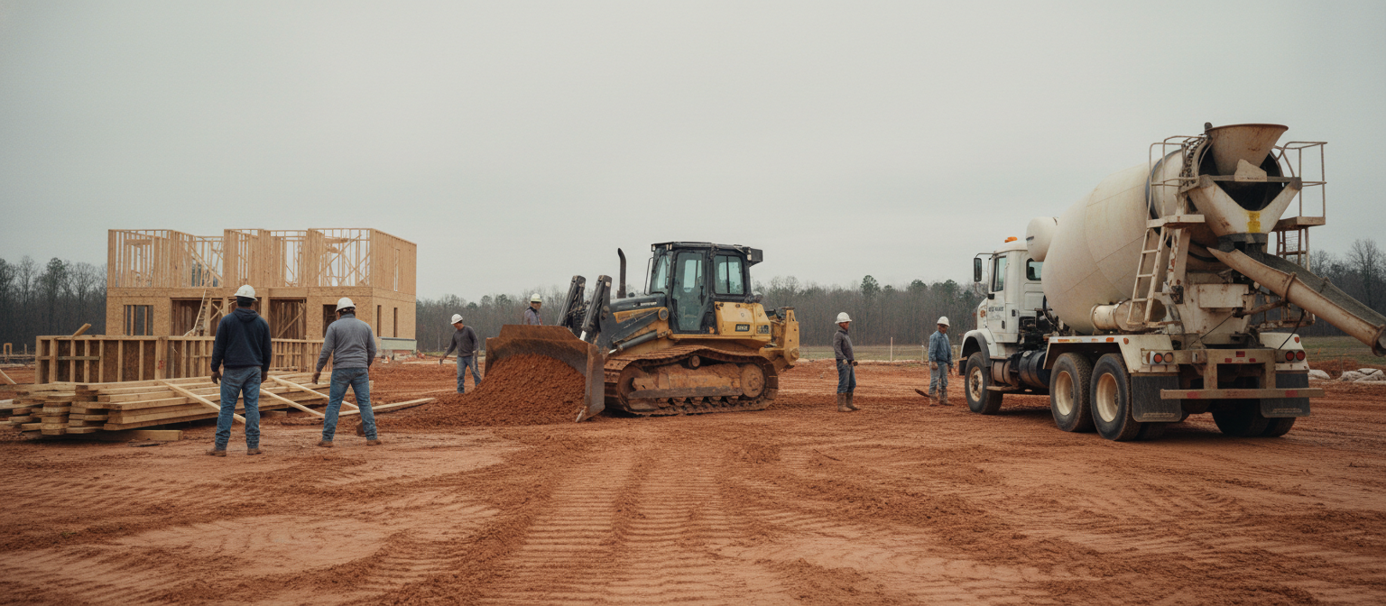 NC grading sequencing with trades crew beside foundation forms and concrete truck.
