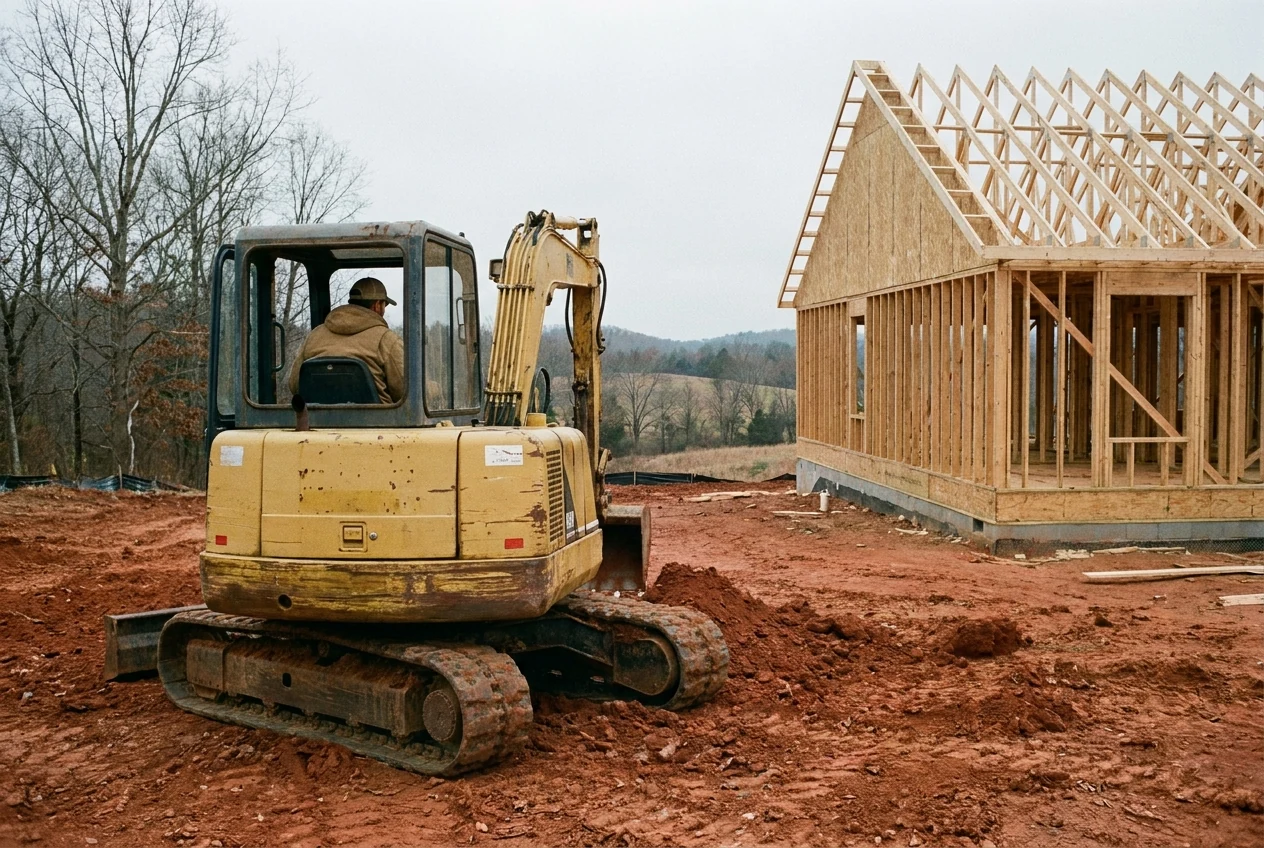 A tracked excavator moving red clay beside a partially-framed residential structure with exposed wood framing and no landscaping yet, on a North Carolina build site.