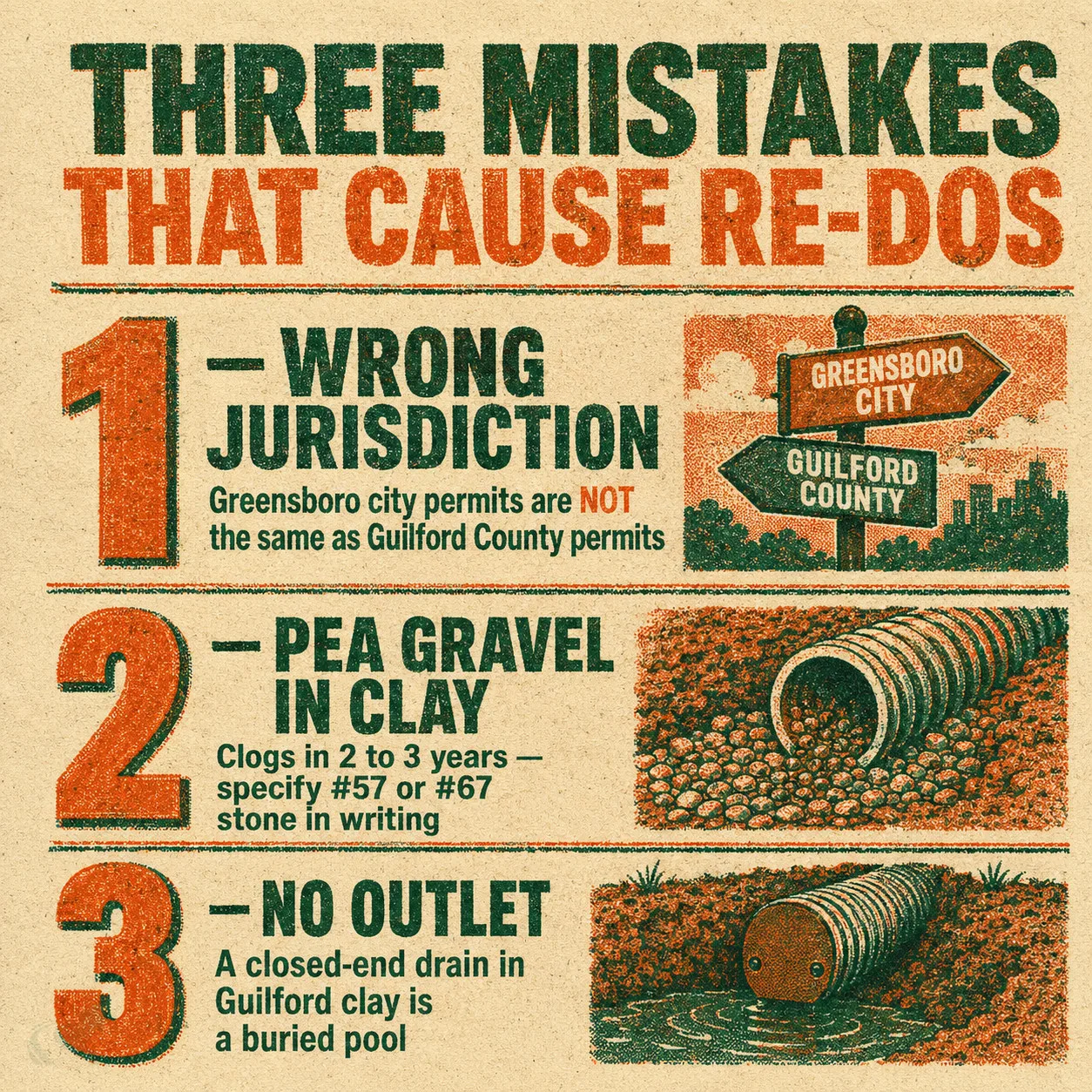 Risograph-style list of the three most common French drain mistakes on Greensboro subdivision projects: wrong jurisdiction assumption, pea gravel in clay soil, and installing with no outlet.