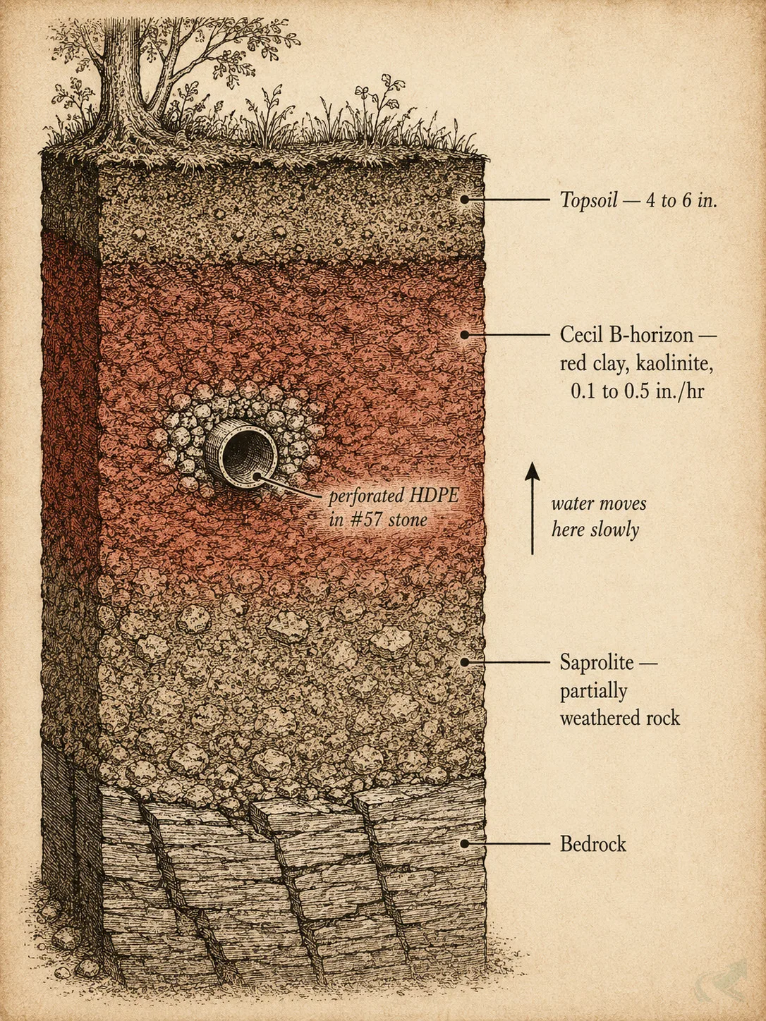 Vintage field-guide cross-section of Guilford County Piedmont soil showing Cecil red-clay B-horizon at 0.1 to 0.5 inches per hour hydraulic conductivity, with a perforated HDPE pipe in washed stone positioned in the slow-draining layer.