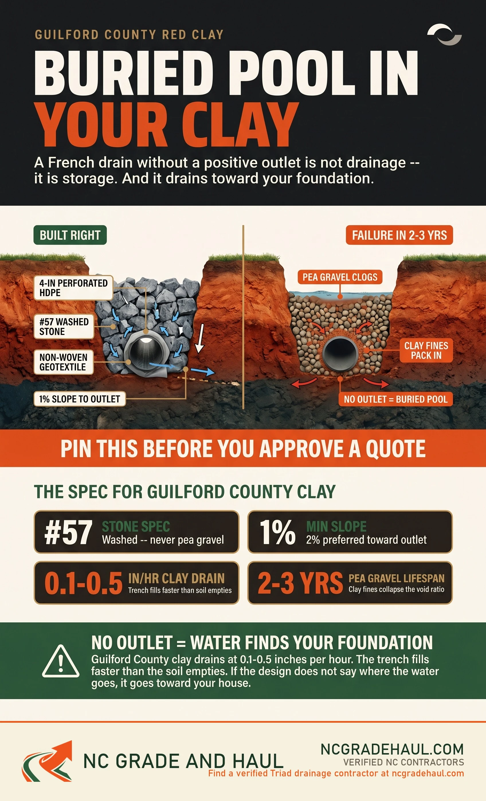 Do french drains work in greensboro red clay - NC Grade and Haul infographic.