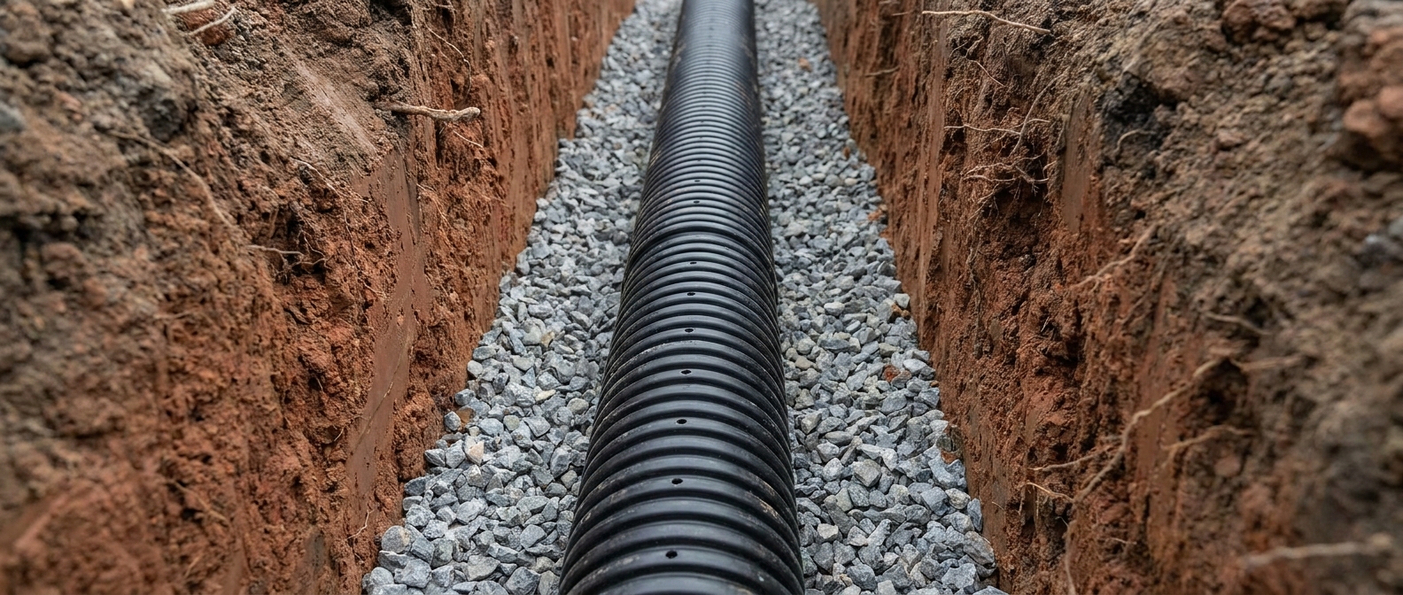 Greensboro NC French drain trench showing perforated pipe bedded in washed gravel