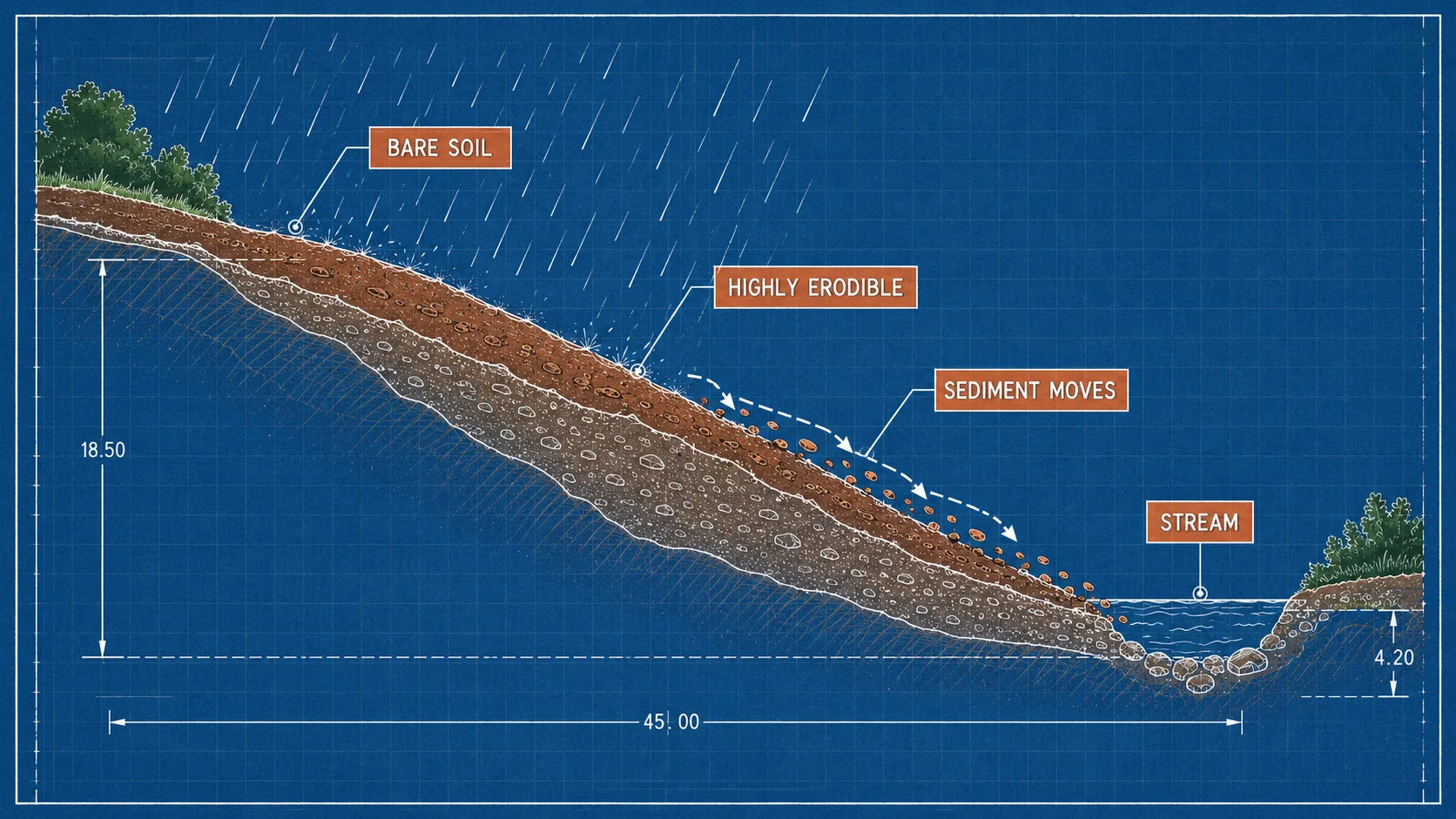 A blueprint cross-section of a sloped Piedmont lot with highly erodible topsoil, rain striking bare ground and sediment moving downslope toward a stream