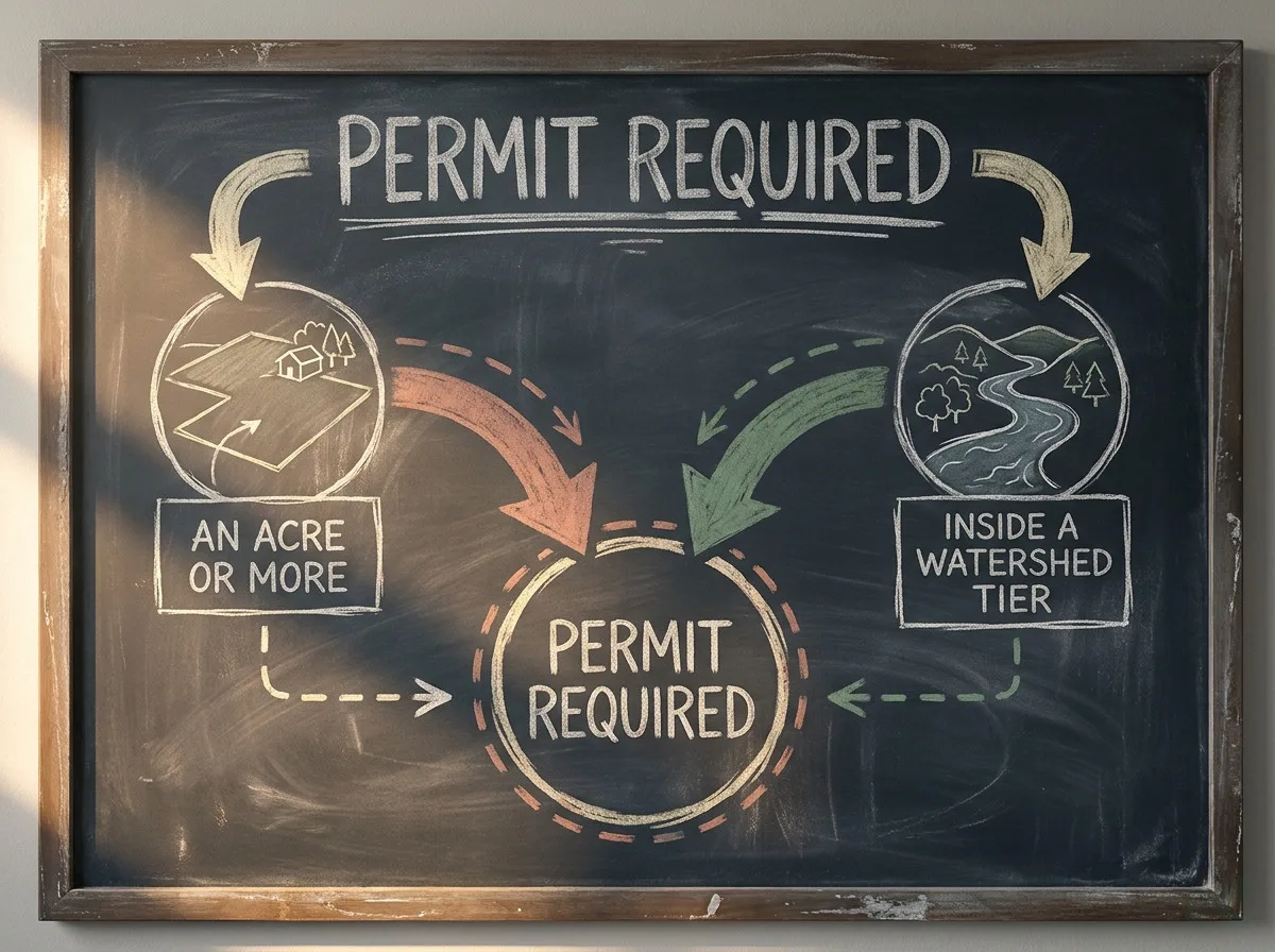 A teaching board showing two independent permit triggers, one by project size and one by location inside a watershed tier, both arriving at the same requirement