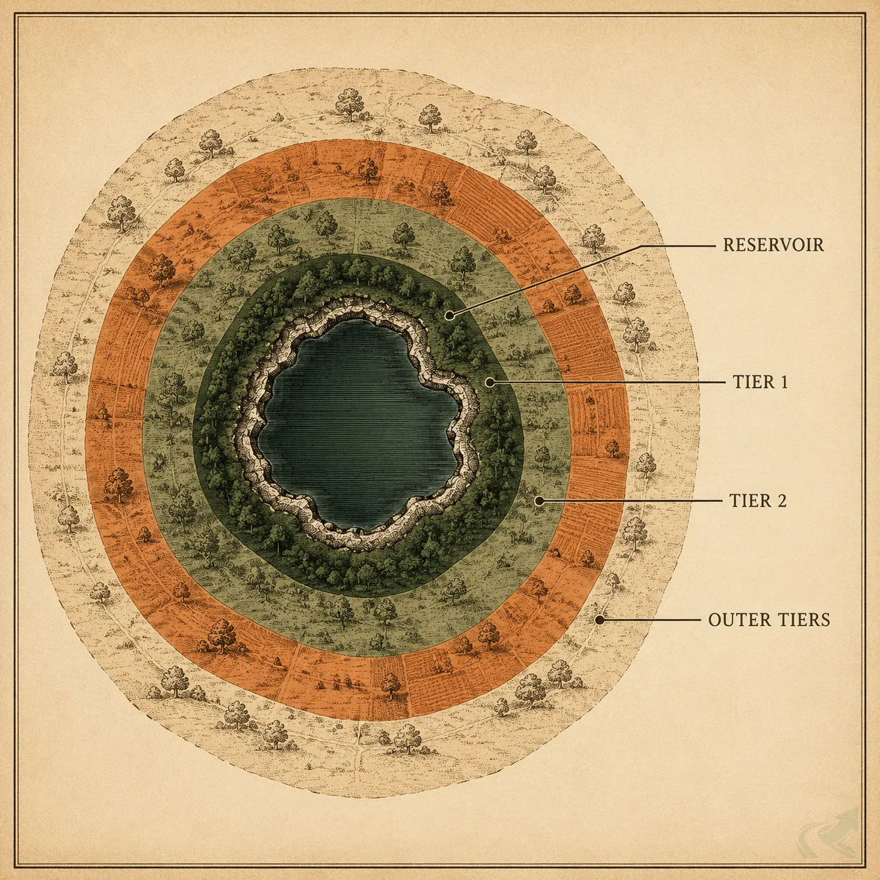 A field-guide plate of a drinking-water reservoir seen from above with four concentric protection tiers stepping outward, each a clearly different tone