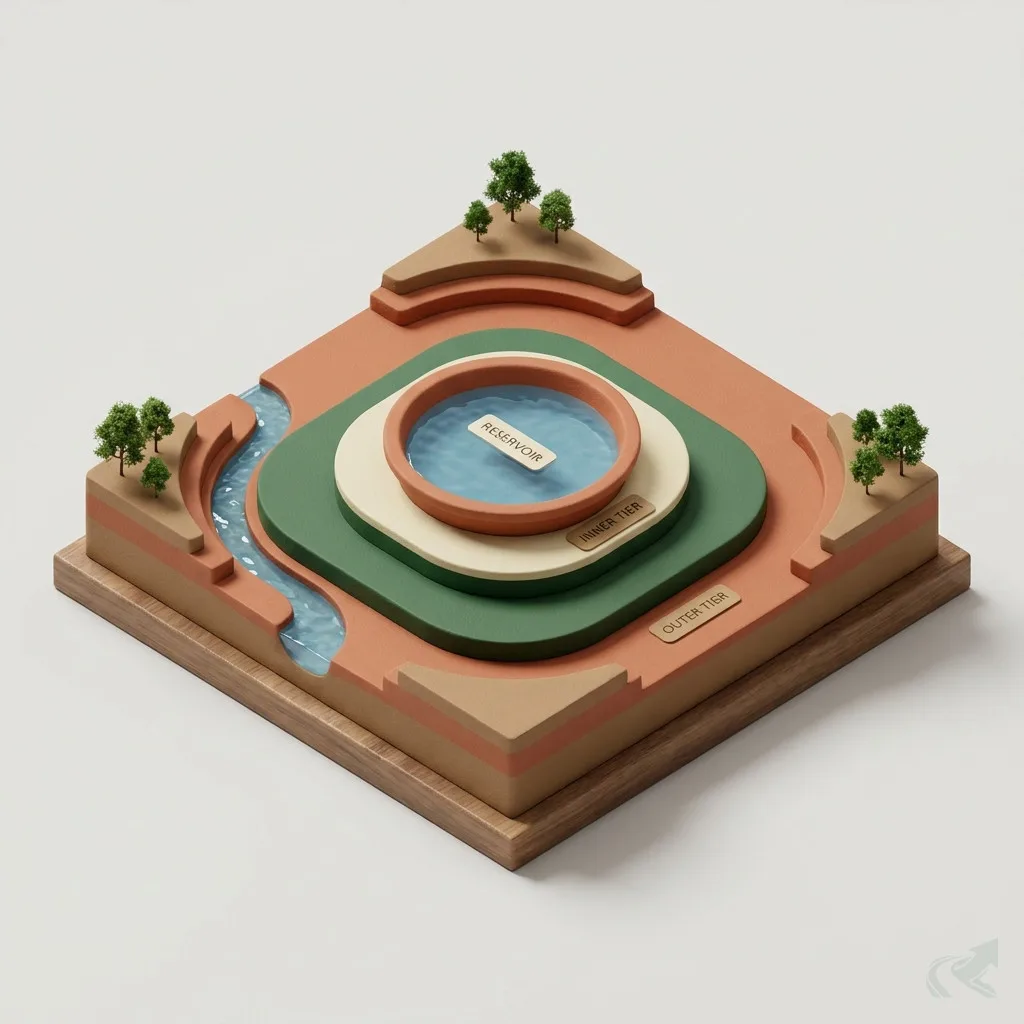 A miniature model of a drinking-water reservoir with concentric protection tiers stepping away from the shoreline
