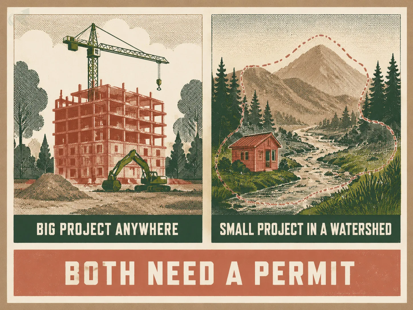 A two-panel print contrasting a large project triggering a permit by size with a small project triggering the same permit by location in a watershed