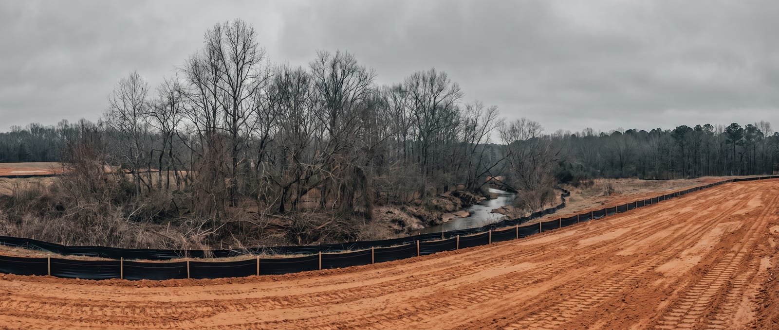 A graded red-clay lot in Guilford County sloping toward a wooded riparian buffer along a stream feeding a water-supply reservoir, silt fence marking the disturbance line under an overcast sky