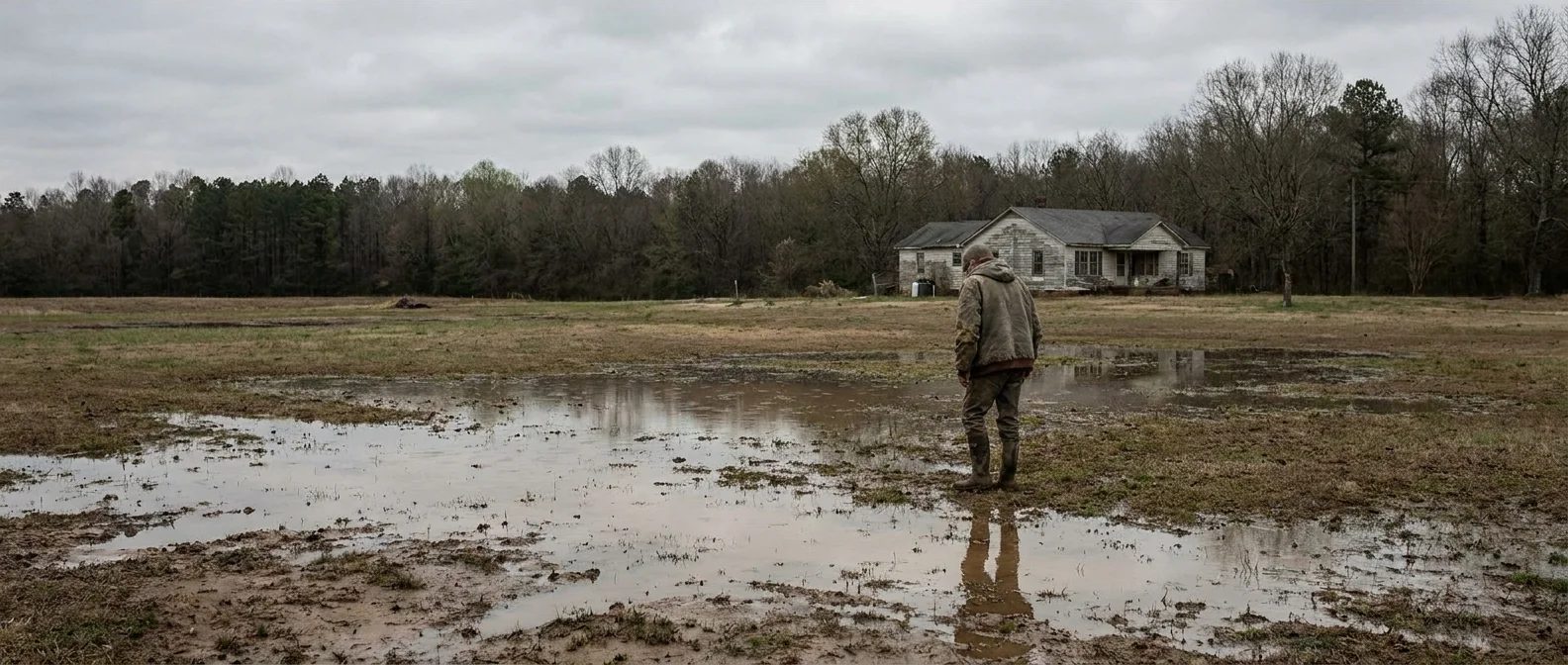 Guilford County NC yard drainage issue -- standing water pooled in a rural low-lying yard