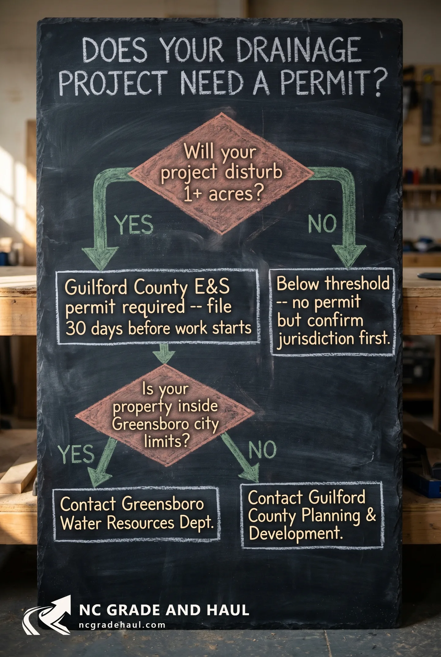 Guilford County rural yard drainage: why the 1-acre E&S permit trigger catches large-tract owners, how the three jurisdictions differ, and why a rural swale-and-culvert fix isn't a subdivision French drain.