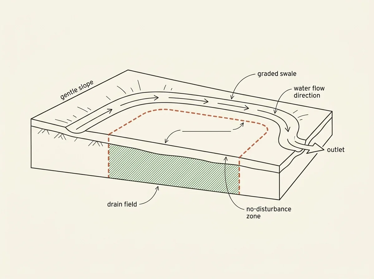 Technical cross-section schematic showing a graded drainage swale routed around a septic drain field. The drain field is marked with green hatching inside a terracotta dashed no-disturbance boundary. Arrows trace the water flow path from a low point, around the protected zone, to an outlet at the property edge.