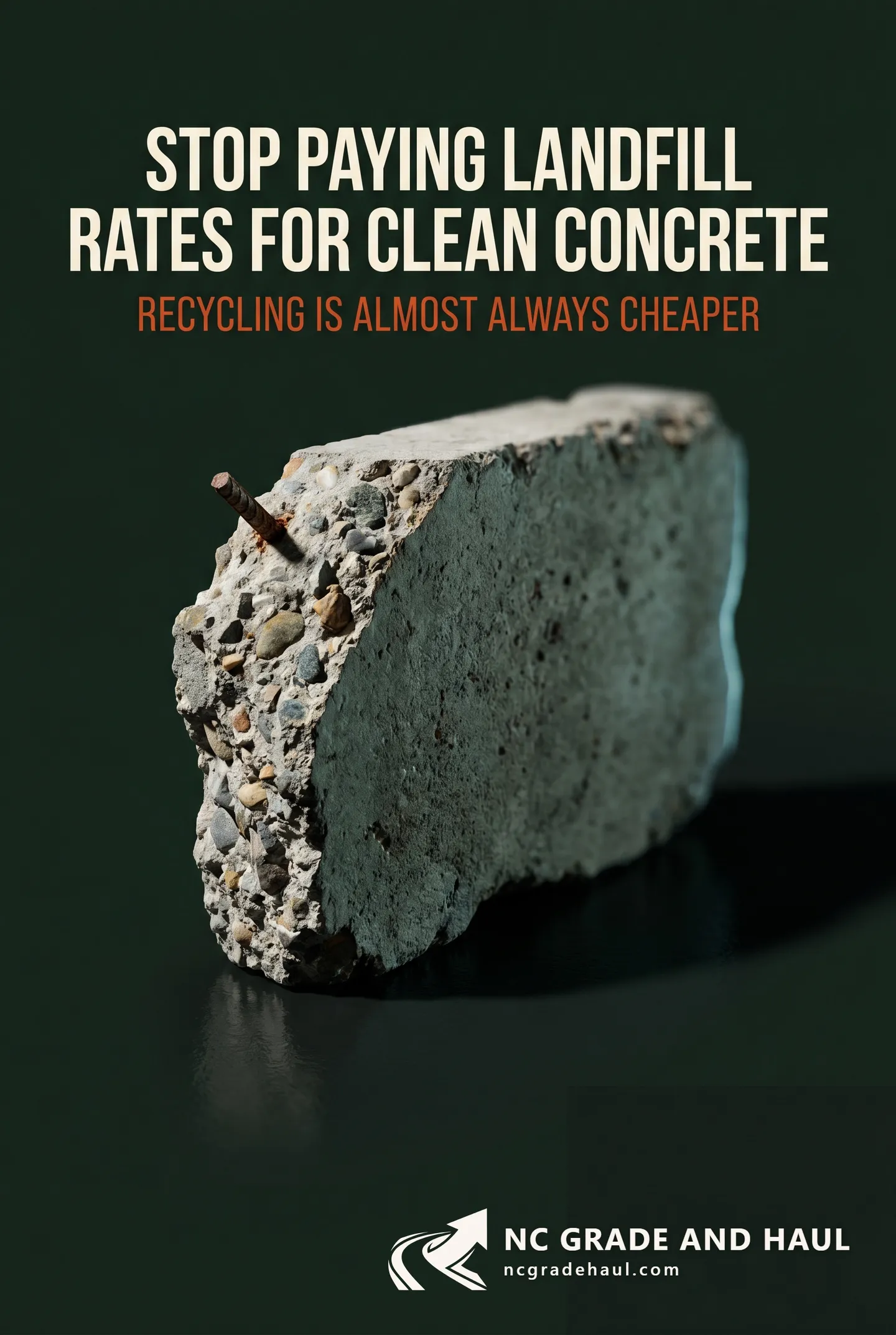 Infographic comparing NC concrete and asphalt recycling costs to C&D landfill tip fees, showing why clean demolition debris is often cheaper to recycle than dump.