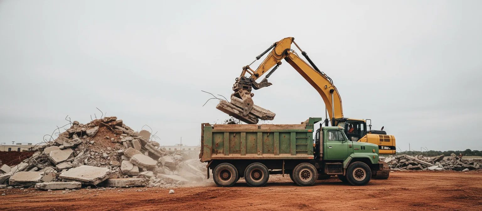 NC demolition debris concrete chunks staged beside recycling bin at job site.