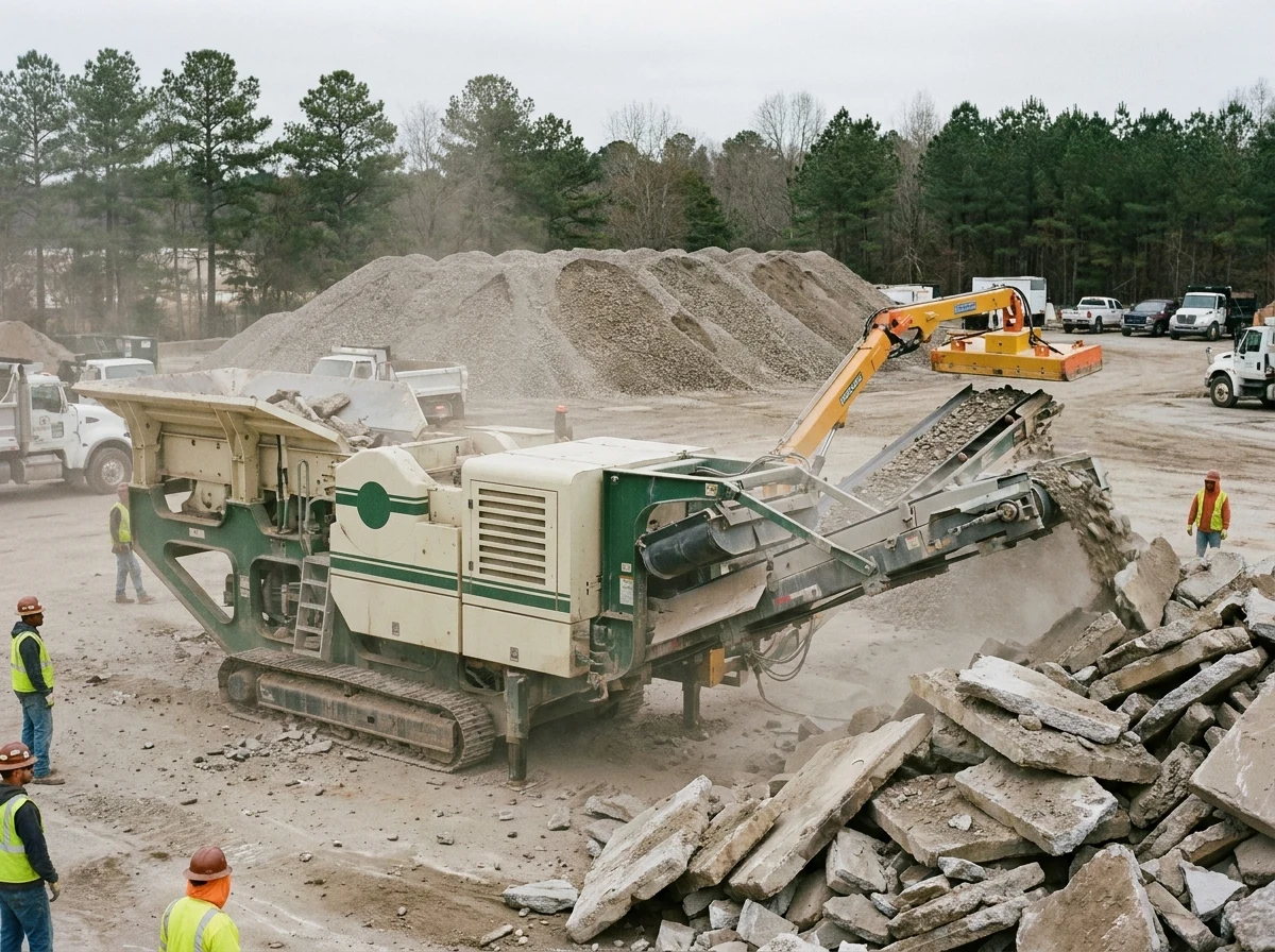 Mobile jaw crusher processing broken concrete demolition slabs on a North Carolina site, with a magnetic separator arm above the conveyor output and a graded RCA stockpile visible in the background.