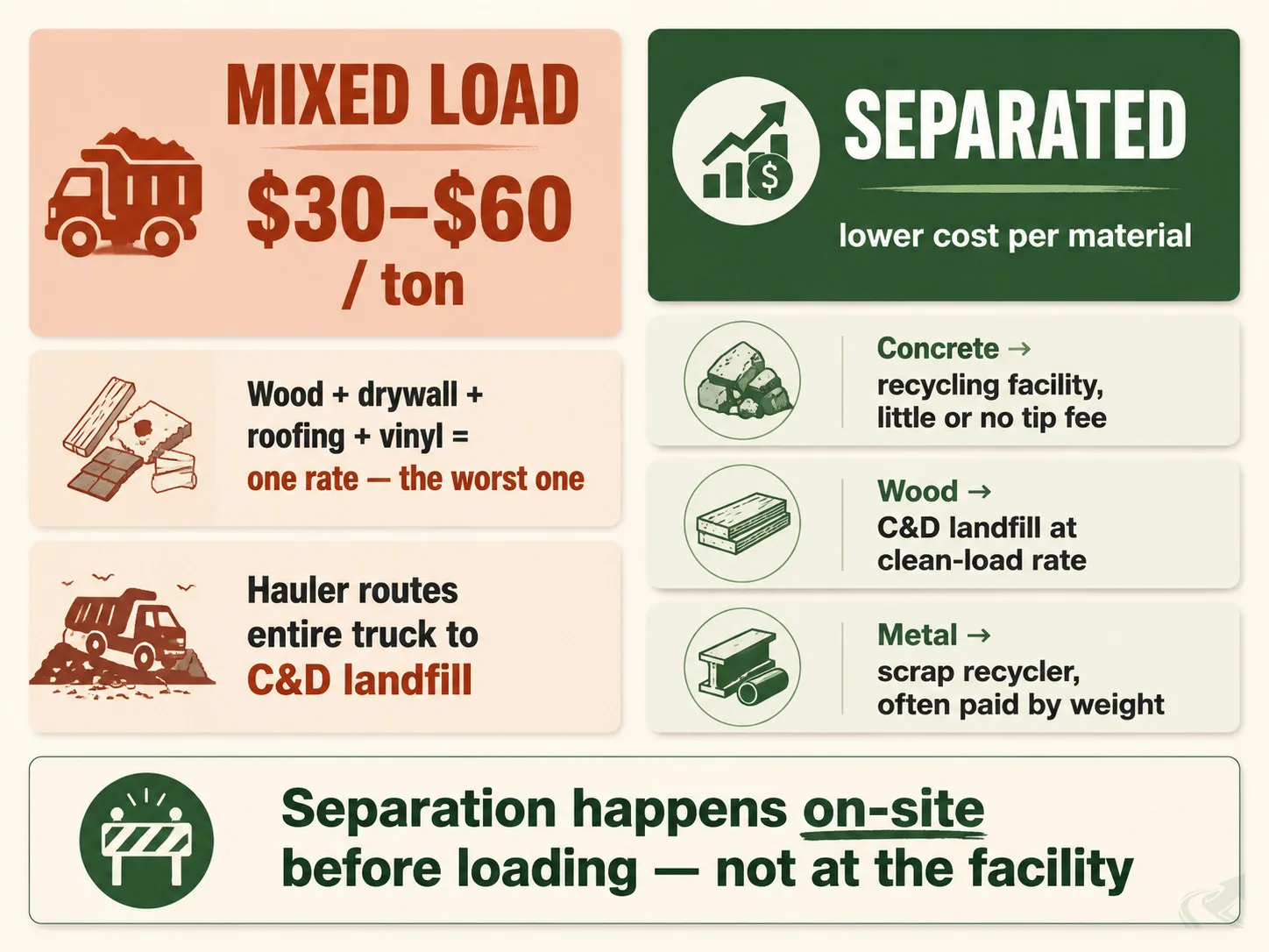 Bento-grid comparison of a mixed NC demolition debris load costing $30–$60 per ton versus pre-separated loads routed to recycling and C&D facilities at lower rates.