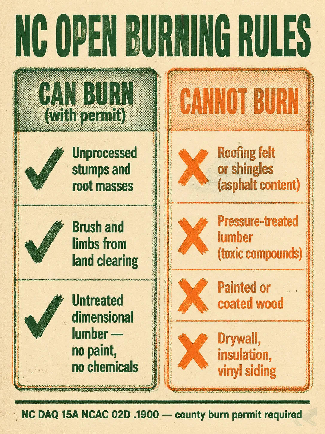 Risograph-style two-panel checklist showing what NC property owners can and cannot legally burn on-site under NC DAQ open burning rules.
