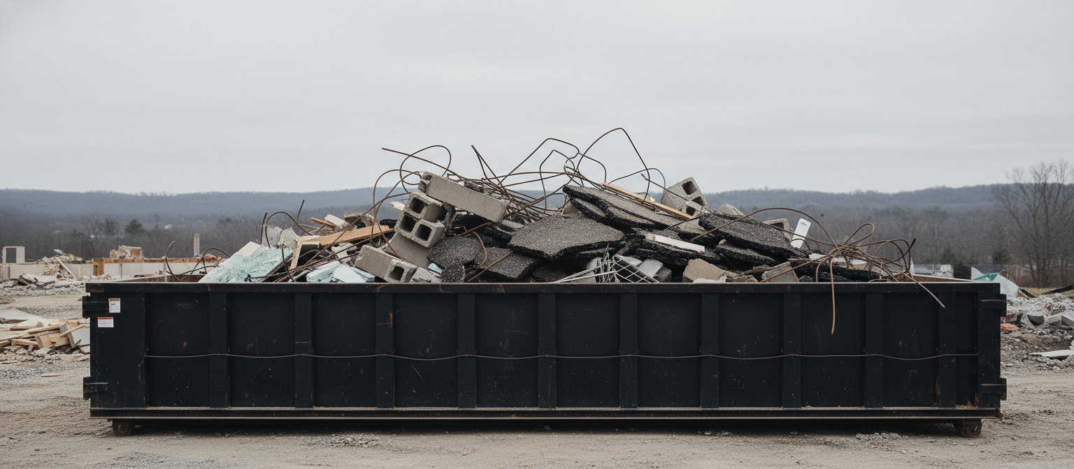 Roll-off dumpster loaded with mixed NC demolition debris including concrete, asphalt, and rebar.