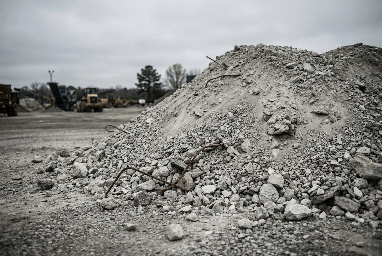 A pile of crushed recycled concrete aggregate at an NC processing yard, showing the gradation from fines up to fist-size chunks with a fragment of rebar visible.