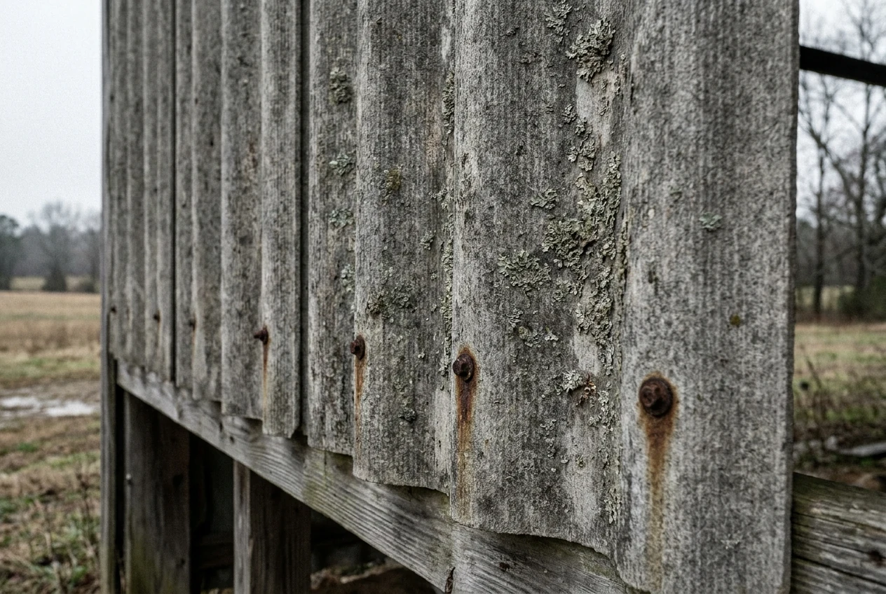 A close-up of weathered grey corrugated Transite board, a cement-asbestos composite, on the wall of an old rural NC farm outbuilding, showing the fibrous cement texture and rusted fasteners.