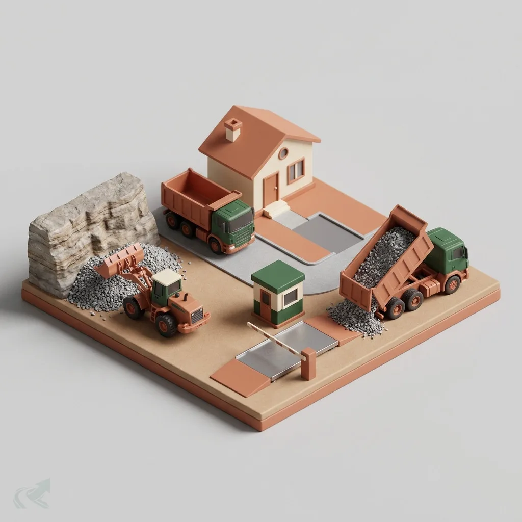 Isometric miniature diorama of a NC gravel delivery sequence: quarry loader scooping crushed stone on the left, weigh station gate with scale platform in the center, dump truck raising its bed to unload at a residential driveway on the right -- illustrating how quarries price by the cubic yard while gate scales invoice by the ton