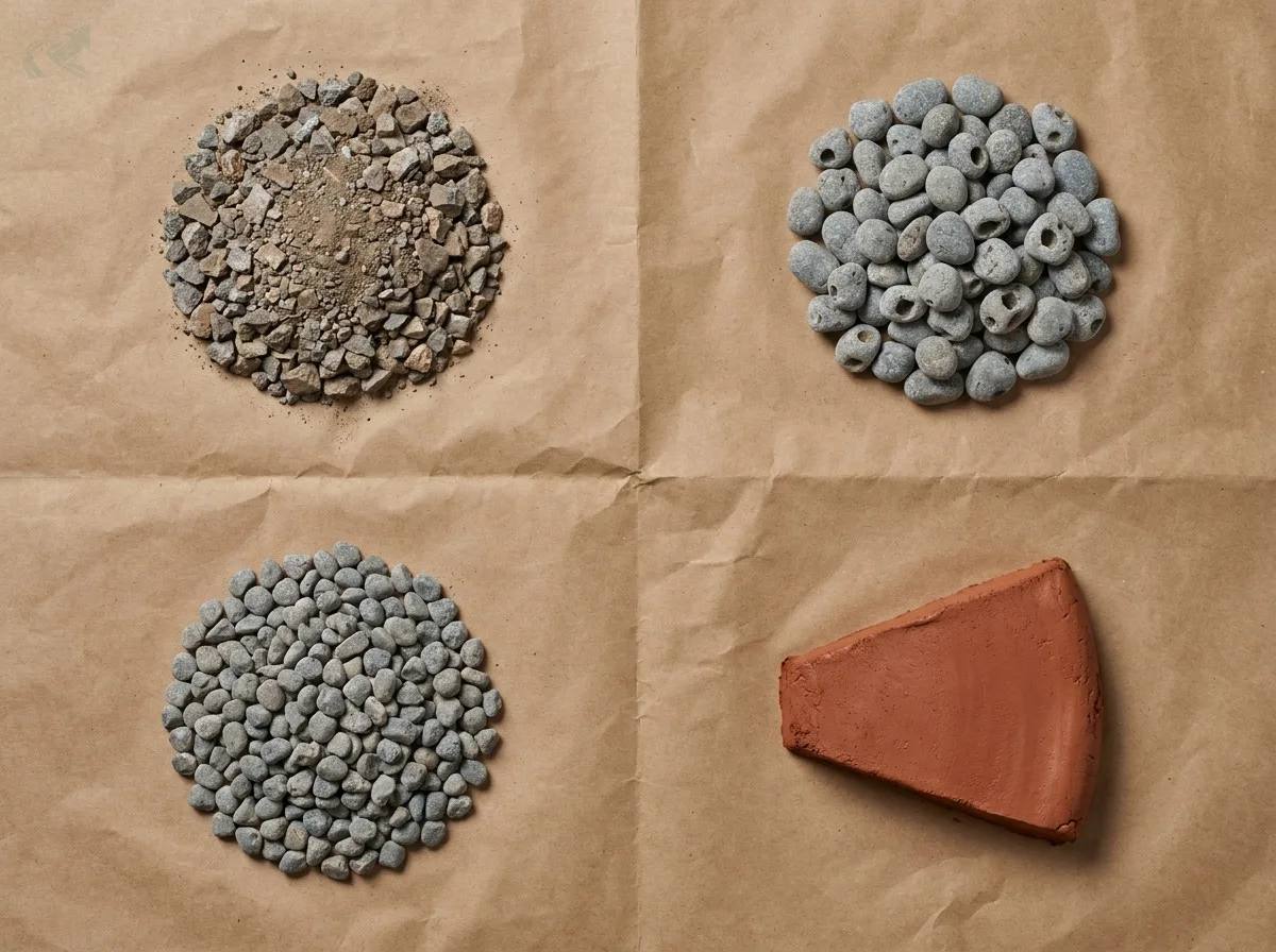 Flat-lay of four NC gravel and fill materials on kraft paper: ABC crushed base course top-left, #57 larger washed stone top-right, #67 smaller washed gravel bottom-left, NC red clay wedge bottom-right -- four materials that are not interchangeable