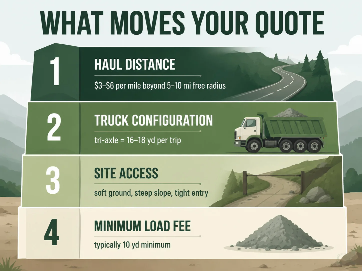 Flat-vector priority pyramid showing the four variables that move a fill dirt quote: haul distance (largest), truck configuration, site access, and minimum load fee (smallest).