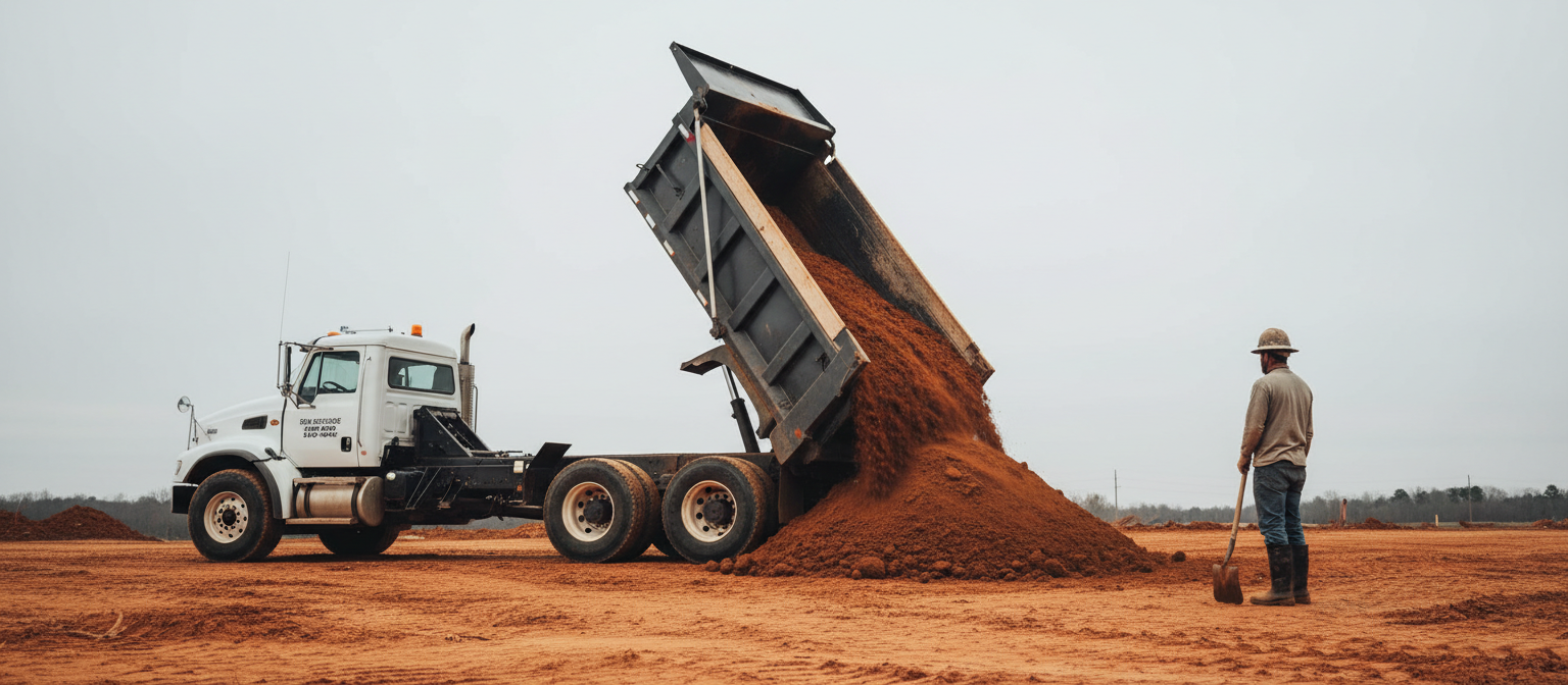 NC fill dirt cost per yard dump truck unloading red clay on graded lot.