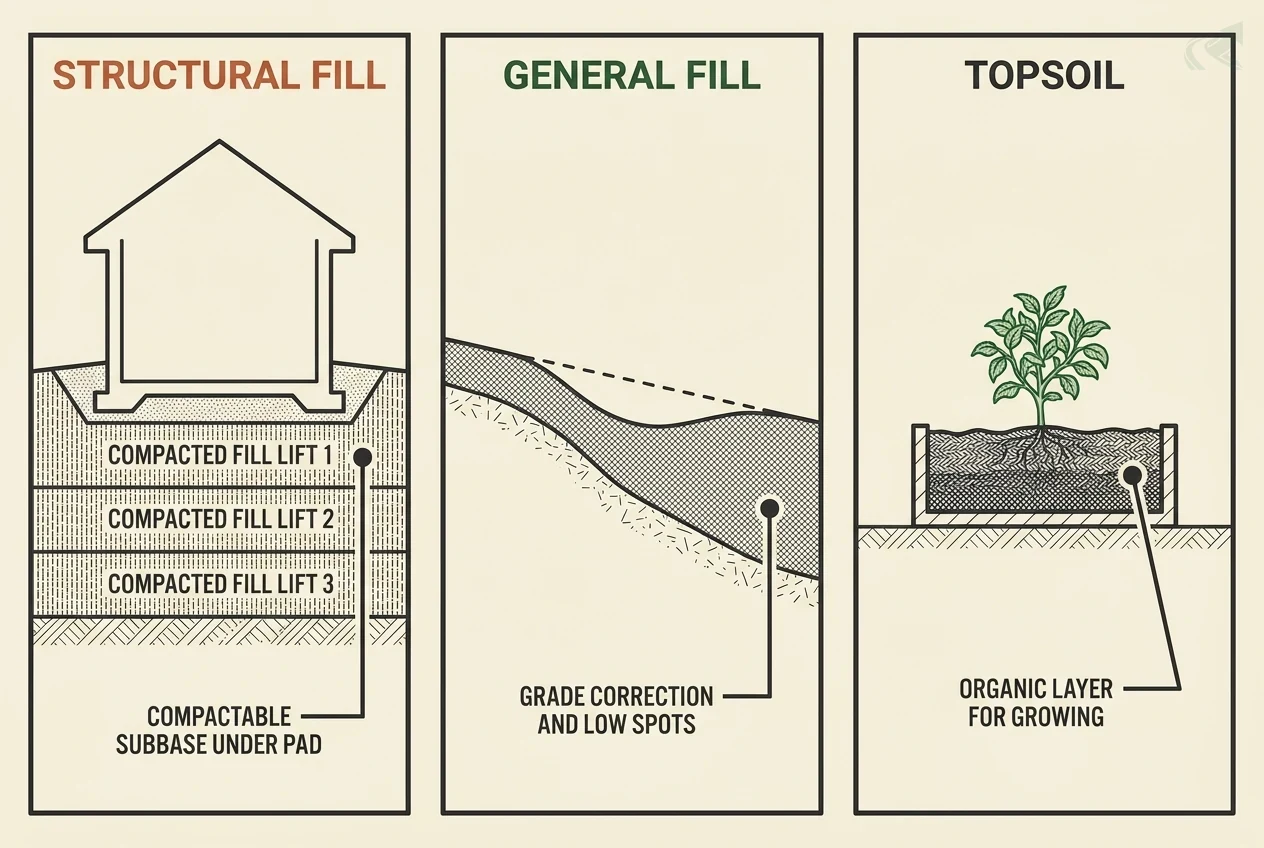 Diagram comparing the three types of NC fill dirt: structural fill shown as compacted lifts under a building pad, general fill shown correcting a sloped low spot, and topsoil shown as an organic layer in a raised garden bed.