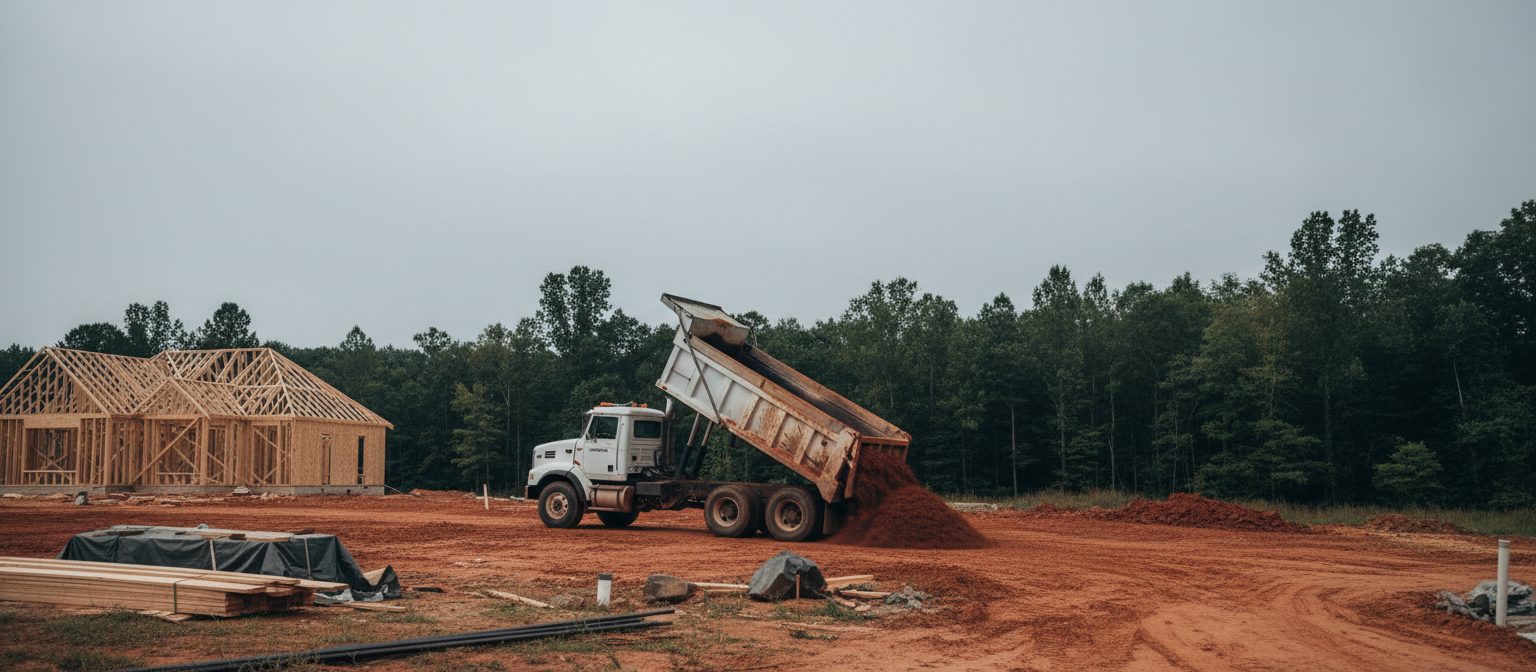 Dump truck delivering NC Piedmont red clay structural fill to a residential lot.