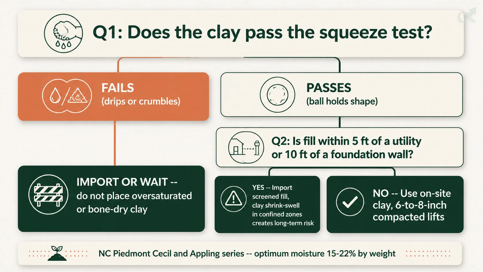 Bento-grid decision flowchart: Q1 is the squeeze test (fail leads to import), Q2 asks proximity to utilities or foundations (yes leads to screened fill, no leads to on-site clay in lifts).