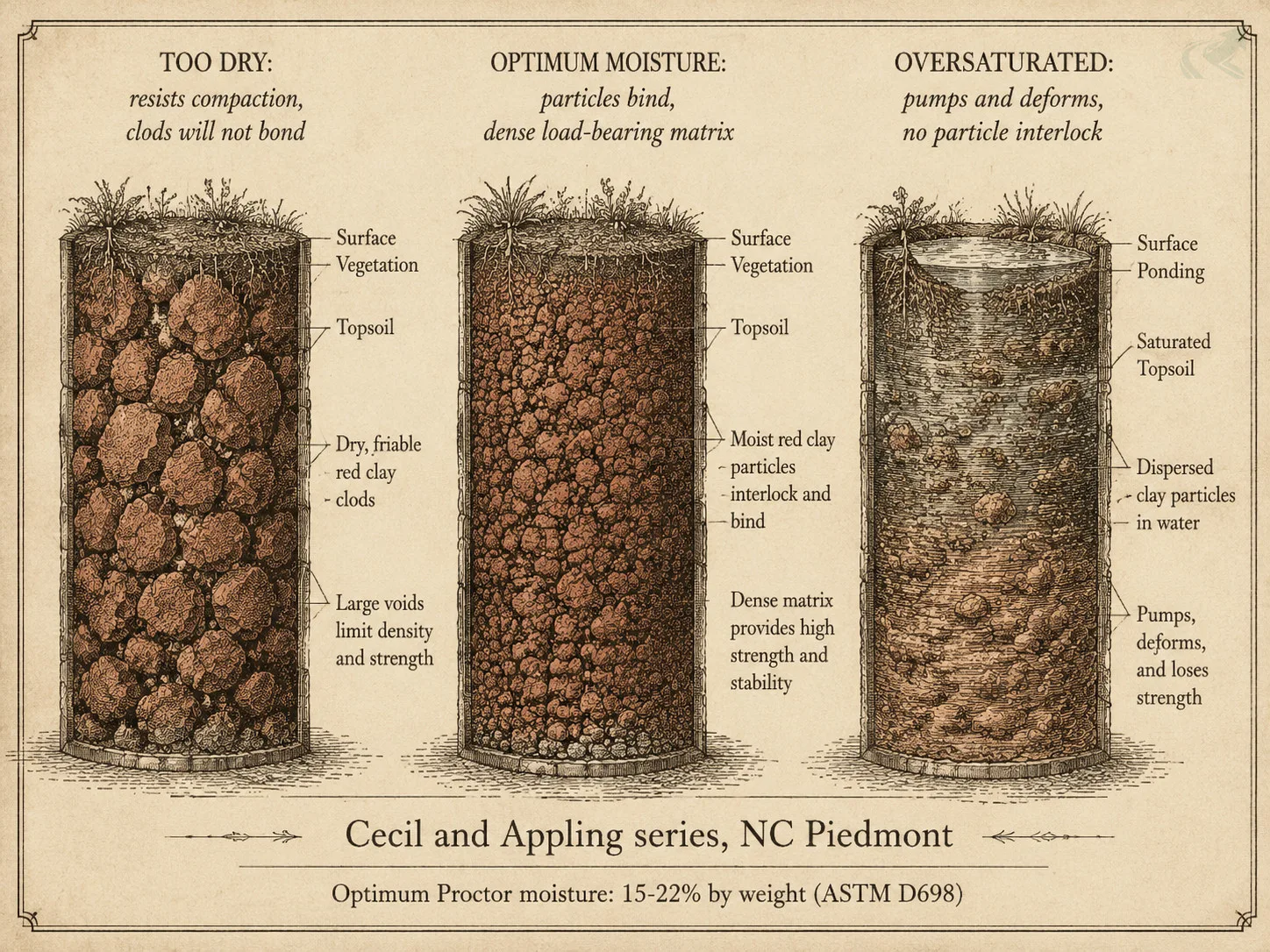 Field-guide engraving showing NC red clay cross-sections at three moisture states: too dry (clods, no bond), optimum (dense matrix), and oversaturated (pumps, no compaction).