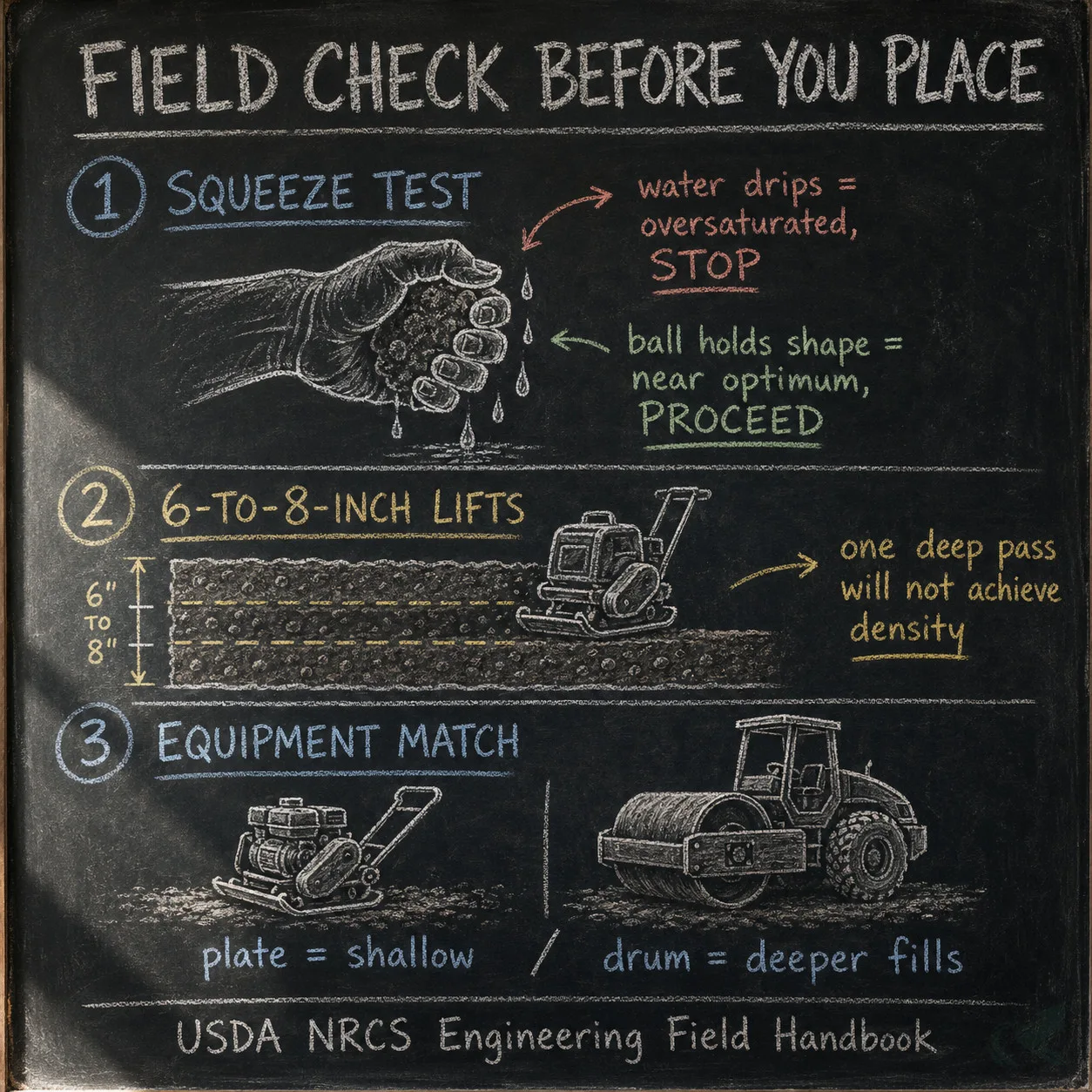 Chalkboard diagram showing three field checks before placing NC red clay fill: the squeeze test for moisture, 6-to-8-inch lift requirement, and equipment selection.