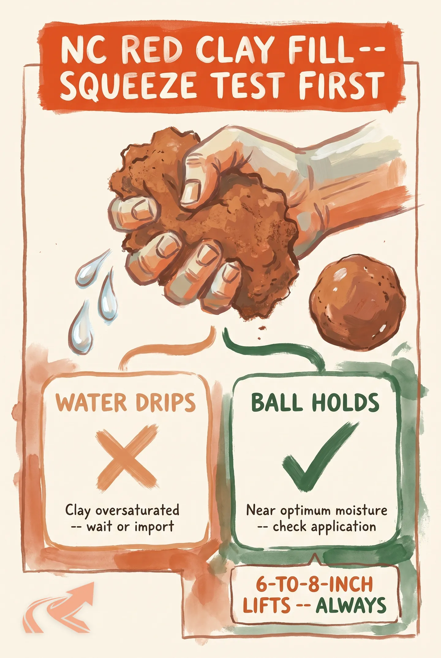 Infographic showing the three moisture states of NC Piedmont red clay used as fill dirt: too dry, optimum, and oversaturated -- and when each is safe to build on.