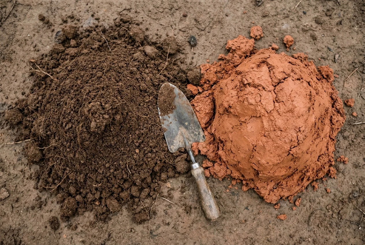 A close detail shot of two soil piles side by side: dark crumbly organic topsoil on the left and dense red-orange Piedmont structural clay fill on the right, with a hand trowel between them for scale.
