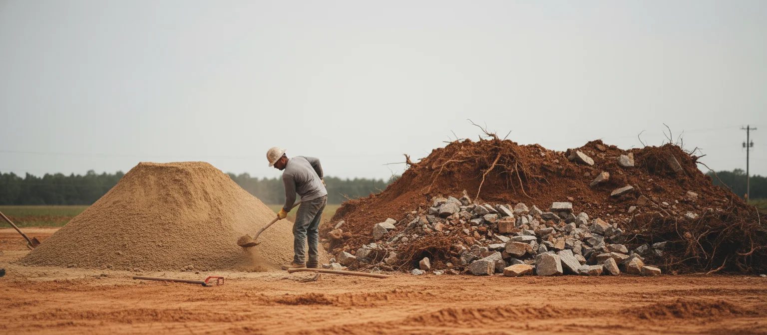 NC screened fill dirt pile next to unscreened pile with debris for comparison.