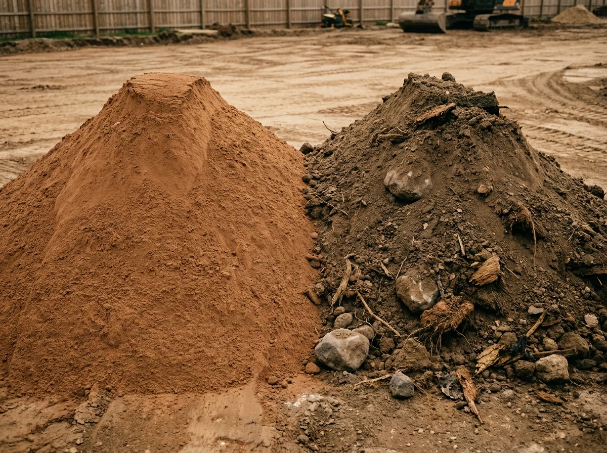Two fill dirt piles side by side: left pile is finely screened red clay fill with uniform texture and no rocks; right pile is unscreened fill with visible rocks and root fragments mixed in.