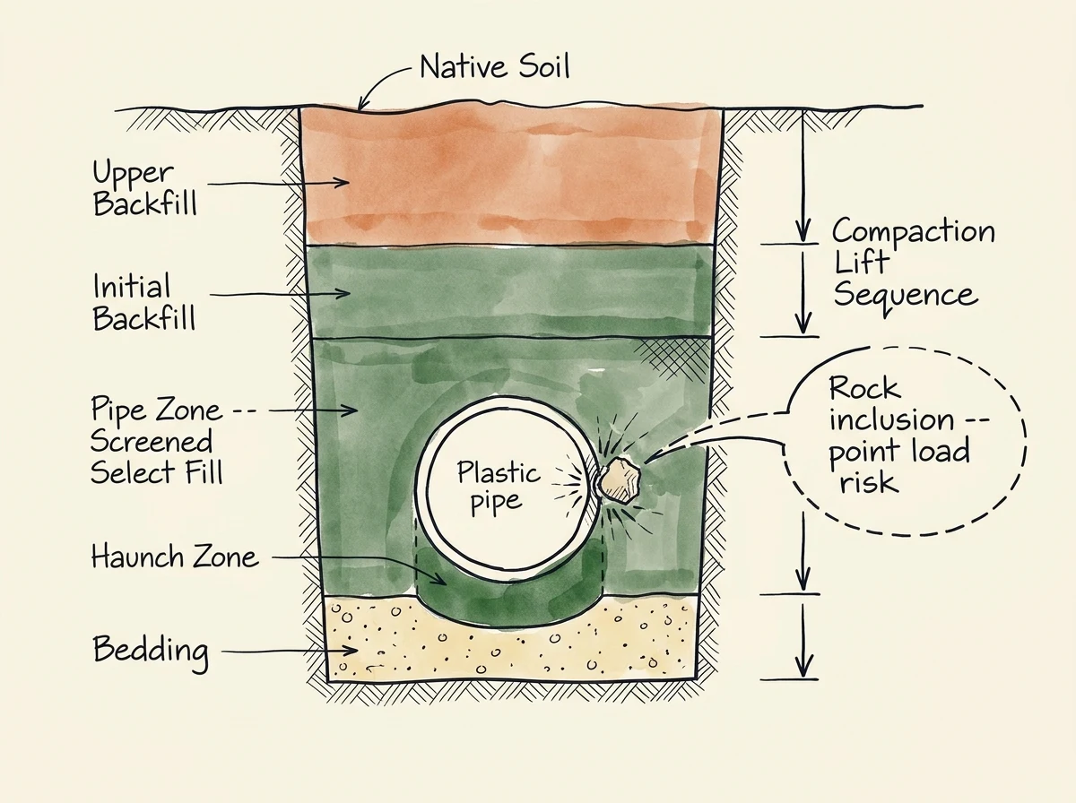 Hand-drawn cross-section schematic of a utility trench showing bedding, pipe zone with screened select fill, haunch zone, initial backfill, and upper backfill layers. A callout highlights a rock inclusion creating a point load risk on the plastic pipe. Compaction lift sequence shown on right.