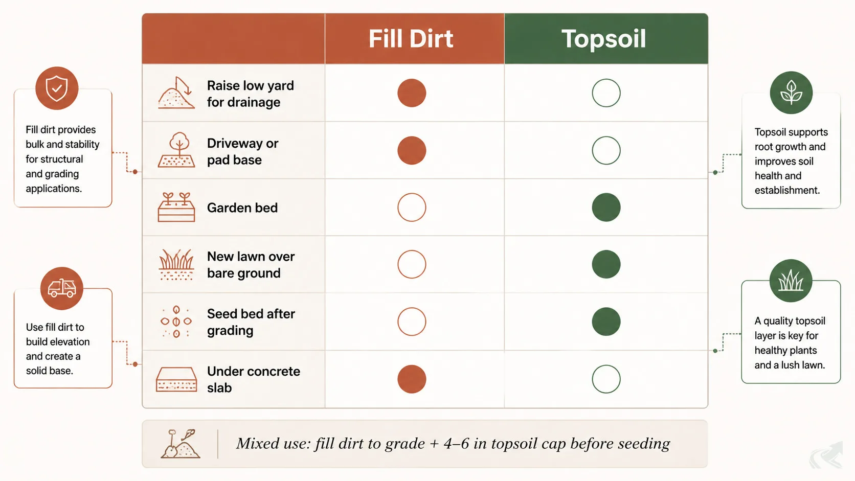 Editorial comparison table showing which applications need fill dirt versus topsoil across six project types: drainage grading, driveways, gardens, lawns, seed beds, and concrete slabs.