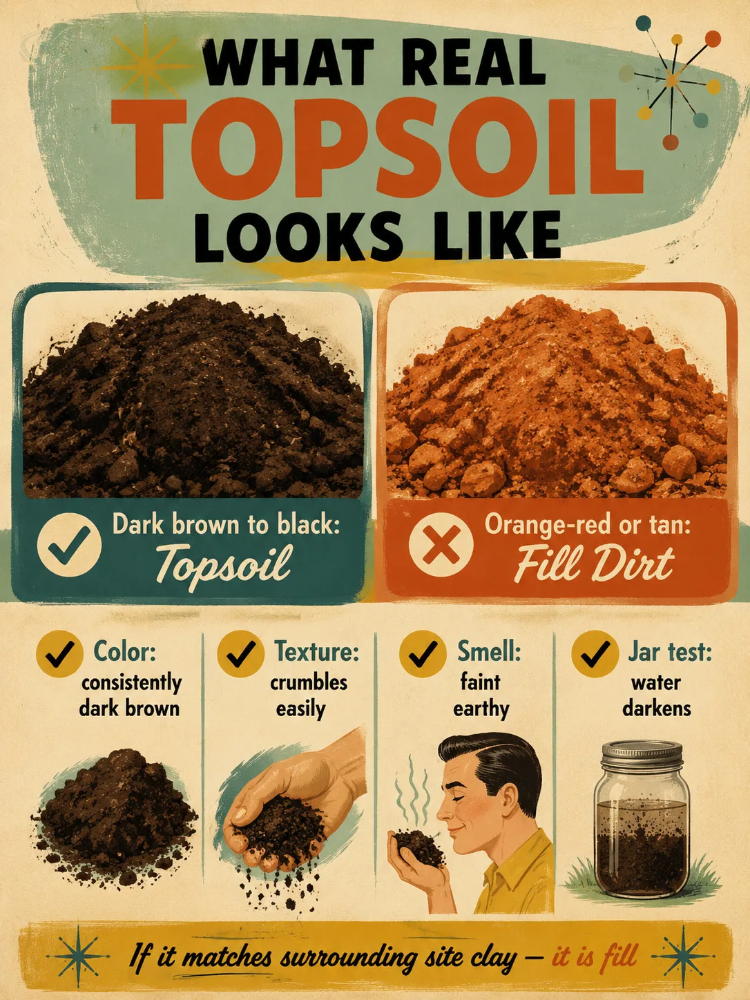 1950s-style mid-century illustration contrasting dark topsoil versus orange-red fill dirt, with a four-point field checklist covering color, texture, smell, and the jar test.
