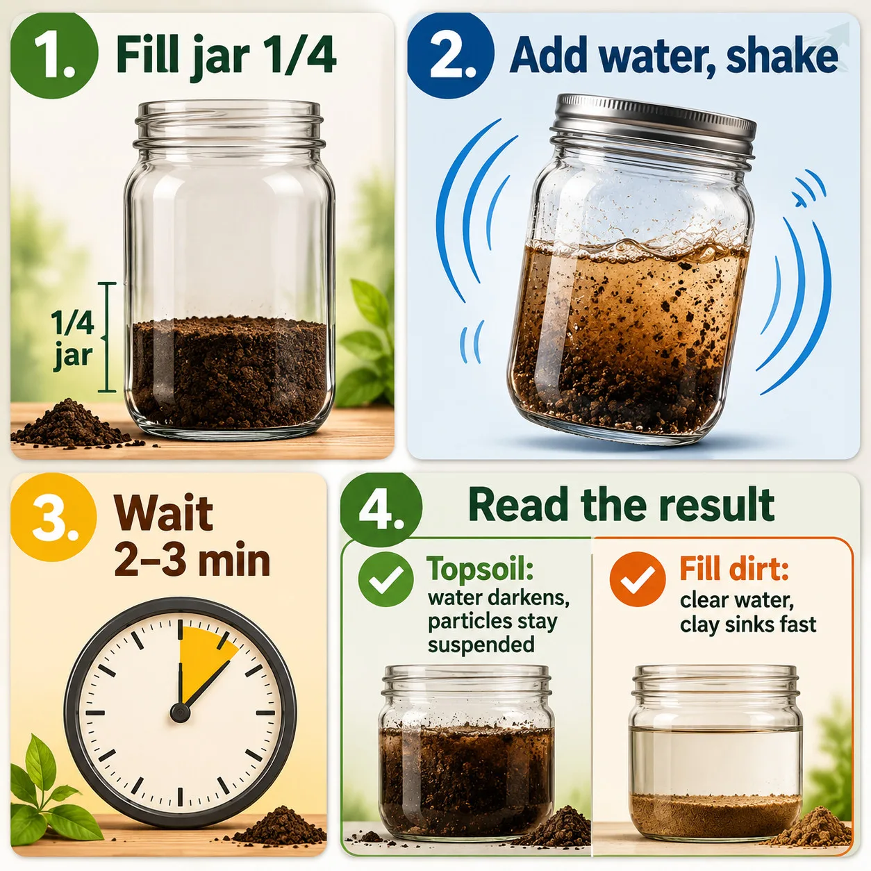 Bento-grid diagram of the four-step jar test: fill jar one-quarter with soil, add water and shake, wait two to three minutes, then read the result — dark suspended water means topsoil, fast-settling clear water means fill dirt.